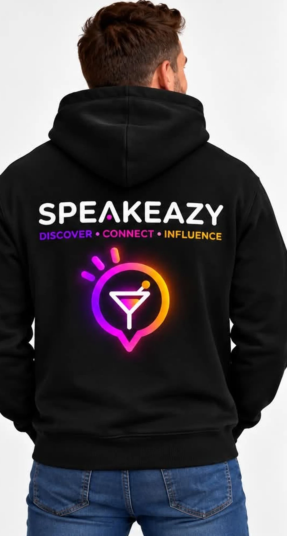 Back of the hoodie worn: SPEAKEAZY over Discover, Connect, Influence, with the cocktail pin below