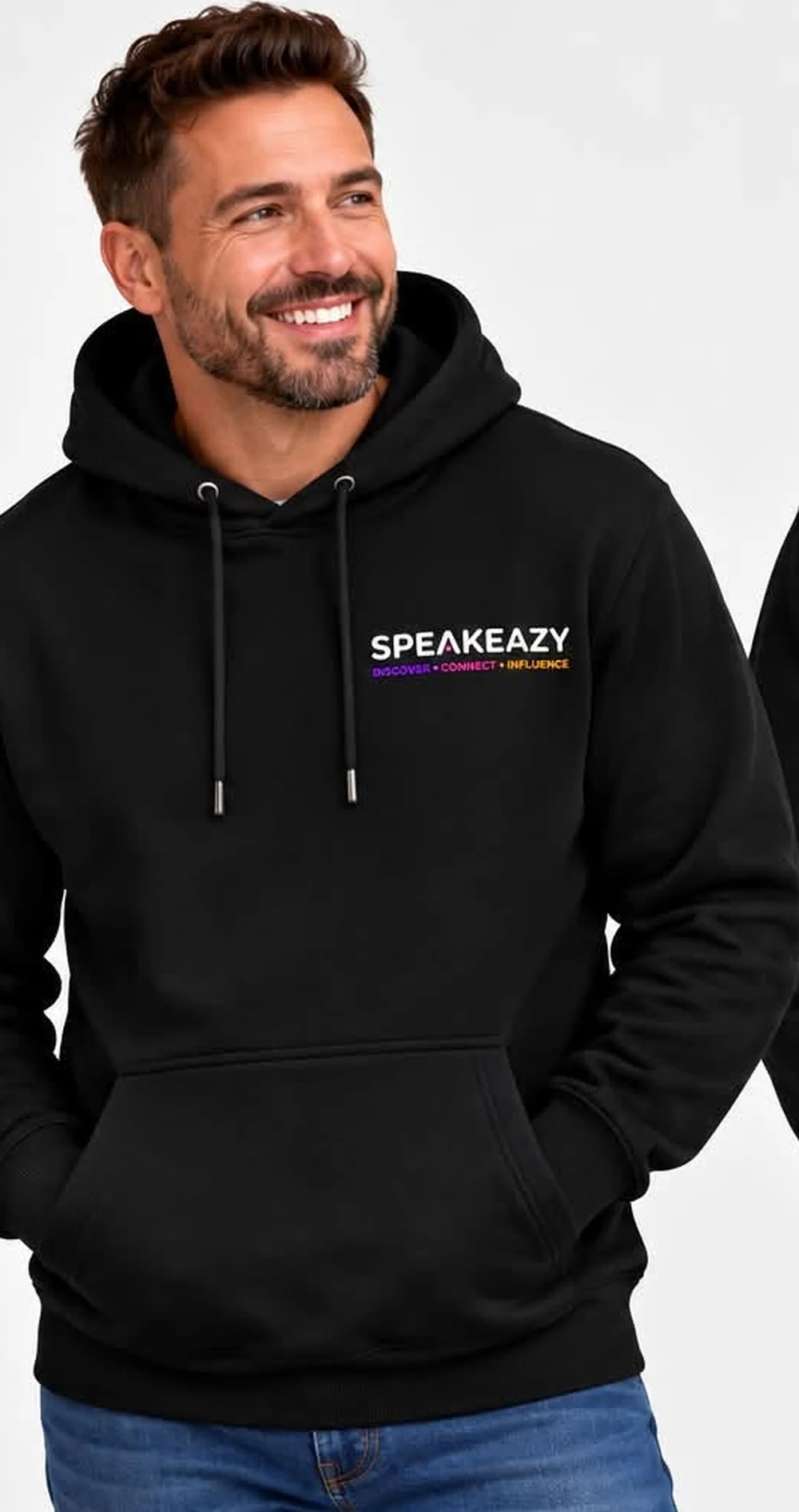 Speakeazy hoodie worn, front: the wordmark small on the left chest