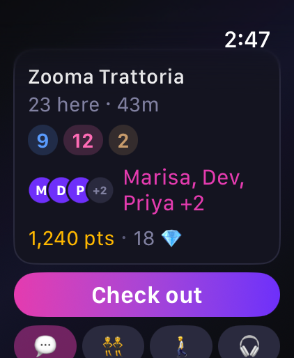 Speakeazy on Apple Watch, checked in to a venue with 23 people there